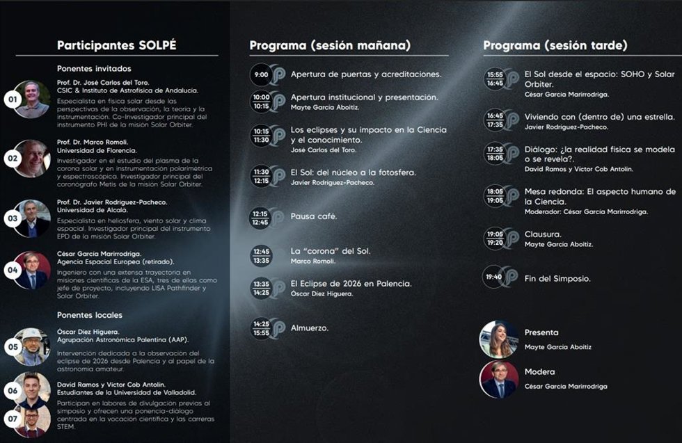 Programa del Congreso sobre el Sol y Eclipse que se celebra en Palencia el día 18 de mayo.