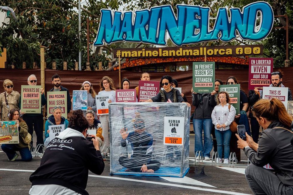 Medio centenar de personas protestan frente a Marineland contra la explotación de animales para el entretenimiento.