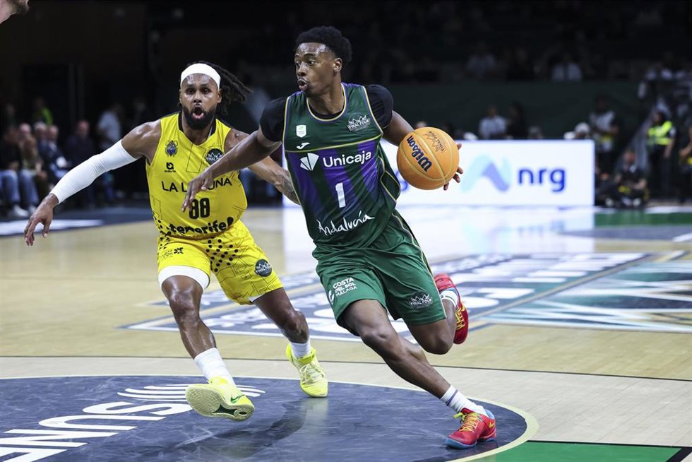 Chase Audige of Unicaja and Patty Mills of La Laguna Tenerife in action during the Final Four Basketball Champions League Third place basketball match played between Unicaja and La Laguna Tenerife at Palau Olimpic Badalona on May 09, 2026 in Badalona, Bar
