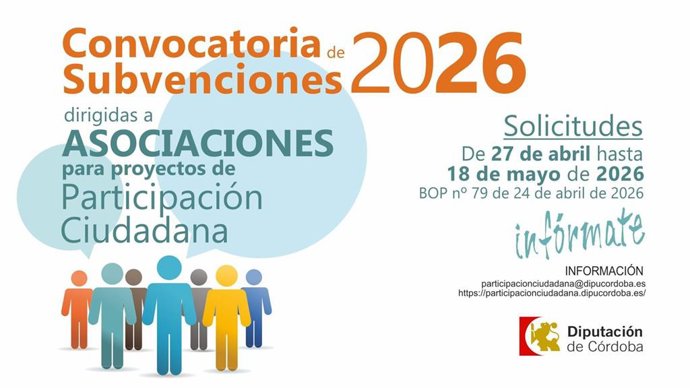 Abierto el plazo de ayudas de la Diputación de Córdoba para proyectos de participación ciudadana de la provincia.