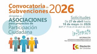 Abierto el plazo de ayudas de la Diputación de Córdoba para proyectos de participación ciudadana de la provincia.