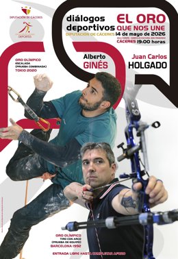 Cartel de la charla 'Diálogos deportivos' que tiene como protagonistas a Juan Carlos Hidalgo y a Alberto Ginés y que se celebra el jueves 14 de mayo de 2026 en Cáceres.