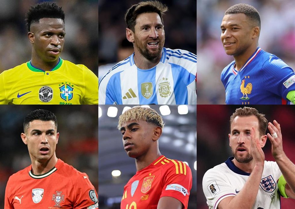 De arriba abajo y de izquierda a derecha: Vinícius Jr., Leo Messi, Kylian Mbappé, Cristiano Ronaldo, Lamine Yamal y Harry Kane