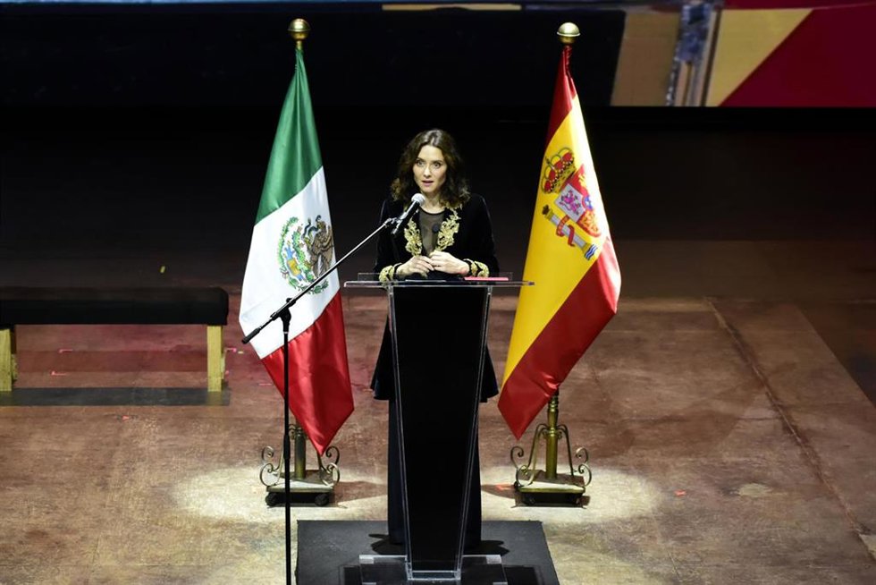 The President of the Community of Madrid, Isabel Diaz Ayuso, speaks during  the meeting "Celebration of Evangelization and Miscegenation in Mexico: Malinche and Cortes," as part of her Working visit to Mexico  at Fronton Mexico. on May 4, 2026, in Mexico 