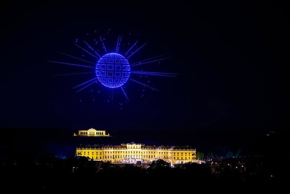 27 April 2026, Austria, Vienna: A graphic displayed during a drone show above Schönbrunn Palace on the occasion of the 2026 Eurovision Song Contest (ESC) in Vienna. Photo: Max Slovencik/APA/dpa