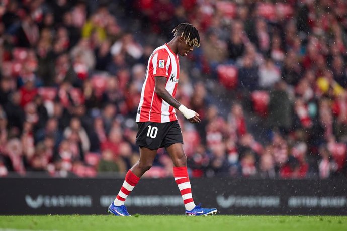 Nico Williams, do Athletic Club, reage durante a partida da LaLiga EA Sports entre o Athletic Club e o Villarreal CF, disputada no San Mamés em 12 de abril de 2026, em Bilbau, Espanha.
