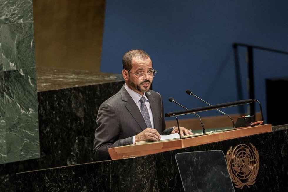 Archivo - El ministro de Exteriores de Omán, Badr al Busaidi, en una intervención en la ONU.  