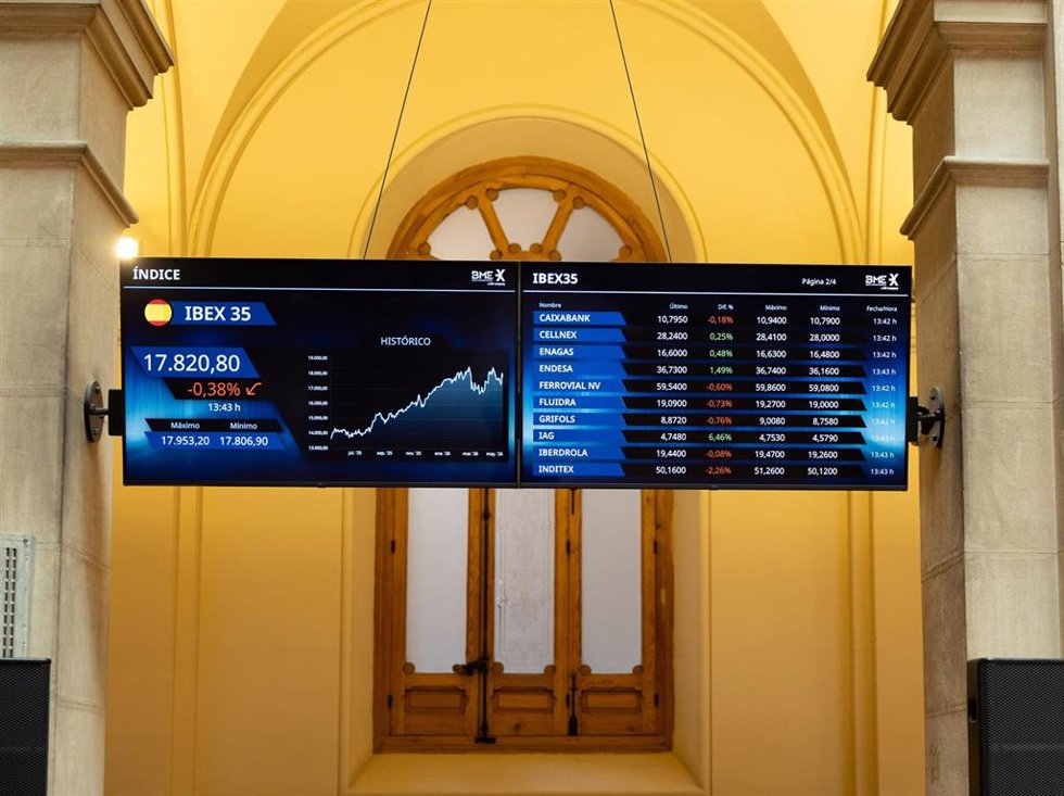 Paneles informativos en el Palacio de la Bolsa de Madrid, a 11 de mayo de 2026, en Madrid (España).