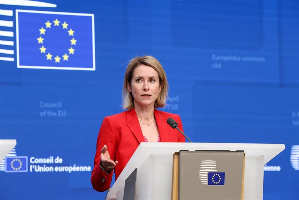 La Alta Representante de la Unión Europea para Política Exterior, Kaja Kallas, en una rueda de prensa desde Bruselas