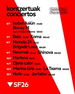 Cartel de los conciertos de la Plaza del Castillo en San Fermín 2026