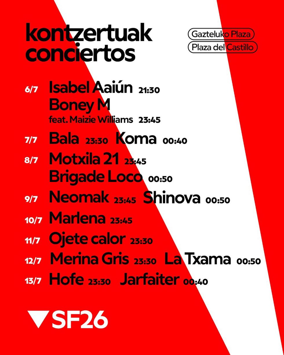 Cartel de los conciertos de la Plaza del Castillo en San Fermín 2026