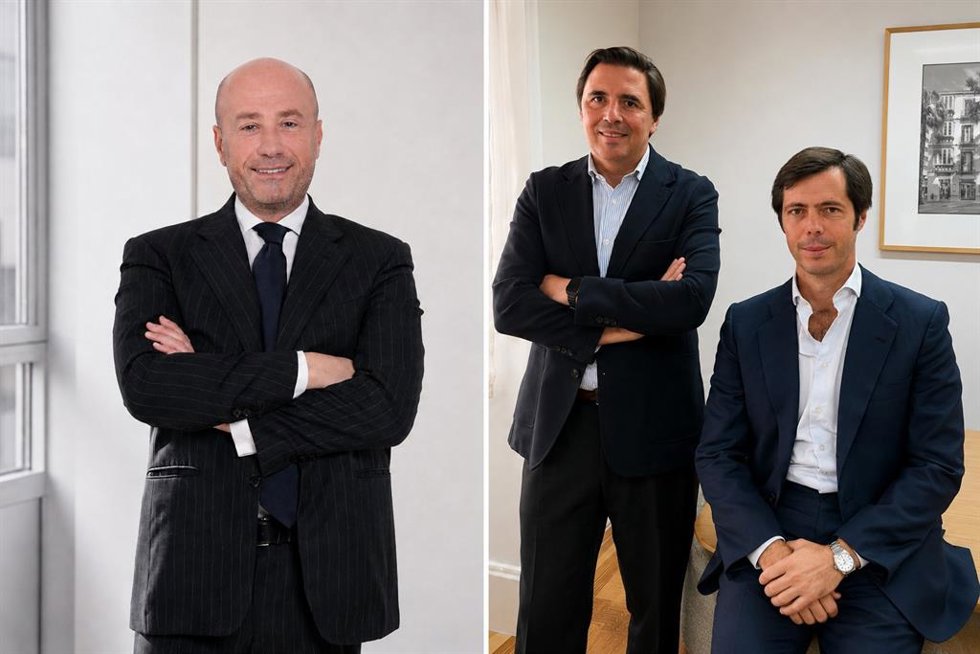 De izquierda a derecha, el fundador y director ejecutivo de Green Arrow Capital, Eugenio de Blasio, y el equipo de DeA Capital Alternative Funds en España, Leo Reaño y José María León.