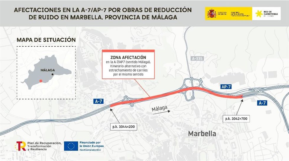 Mapara de afectaciones al tráfico por las obras para reducir el ruido en la variante de Marbella de la AP-7