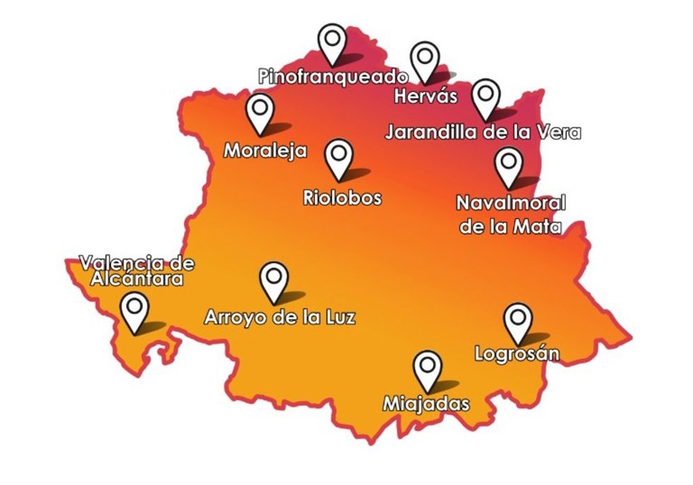 Mapa de la provincia de Cáceres con las localidades donde se llevarán a cabo los talleres del programa 'En mi pueblo emprendí'