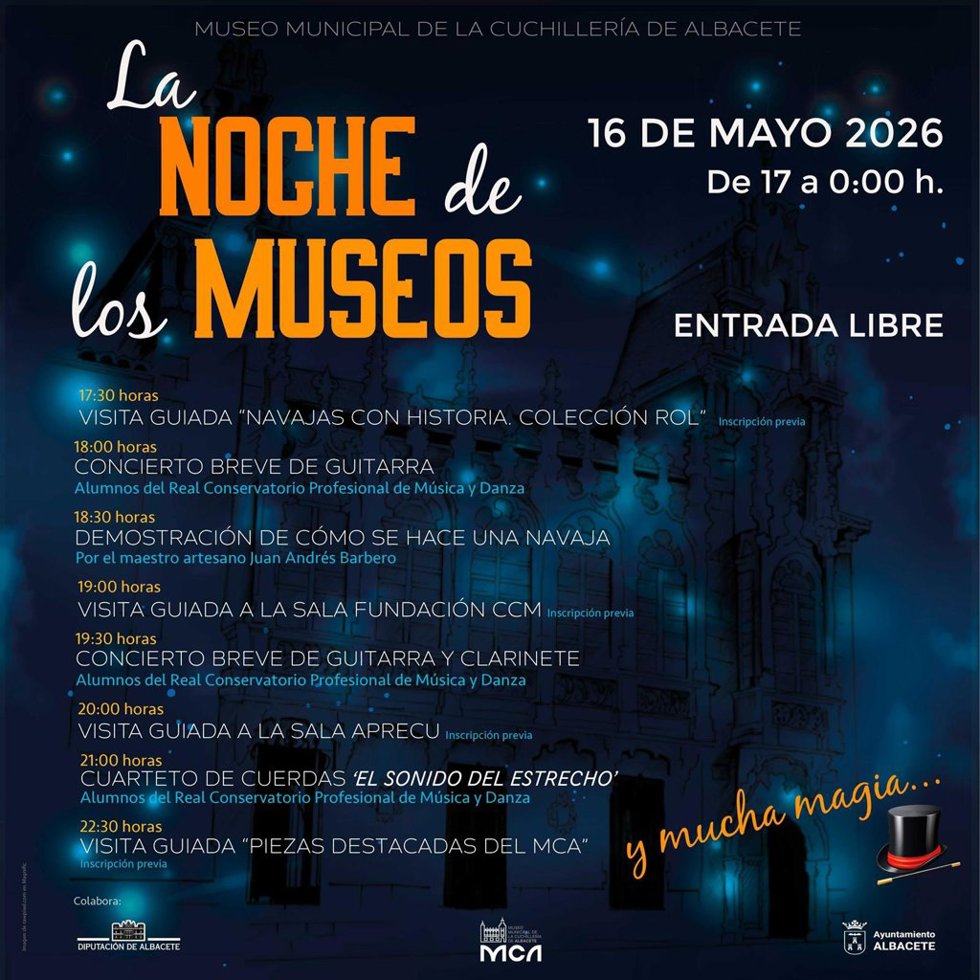 Cartel de las actividades en el Museo de la Cuchillería de Albacete por la Noche de los Museos.
