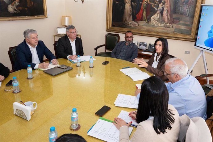 El presidente de la diputación provincial, Miguel Ángel Morales;  la vicepresidenta Primera, Esther Gutiérrez, y el presidente de la Cámara Municipal de Sertã, Carlos Miranda, junto a técnicos de ambas instituciones