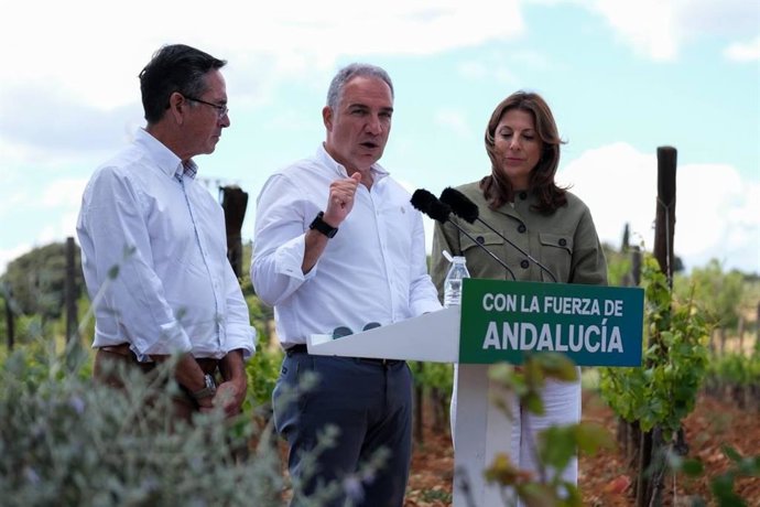 El vicesecretario de Política Autonómica, Local y Análisis Electoral del PP, Elías Bendodo, junto al candidato Dani Castilla y la alcaldesa de Ronda, Maripaz Fernández.