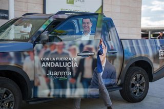 El presidente del PP-A y candidato a la reelección a la Presidencia de la Junta de Andalucía, Juanma Moreno durante su intervención en el mitin electoral. A 12 de mayo de 2026 en Jaén, Andalucía (España). El presidente del PP-A y candidato a la reelección