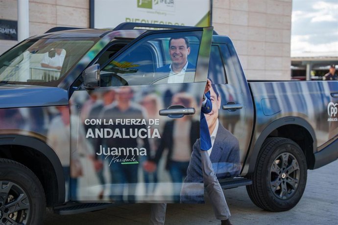 El presidente del PP-A y candidato a la reelección a la Presidencia de la Junta de Andalucía, Juanma Moreno durante su intervención en el mitin electoral. A 12 de mayo de 2026 en Jaén, Andalucía (España). El presidente del PP-A y candidato a la reelección