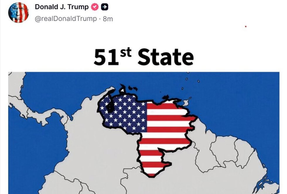 Captura de una publicación del presidente de Estados Unidos, Donald Trump, en redes sociales, con un mapa del norte de Sudamérica en el que aparece Venezuela coloreado con la bandera estadounidense y bajo el lema "51º estado"