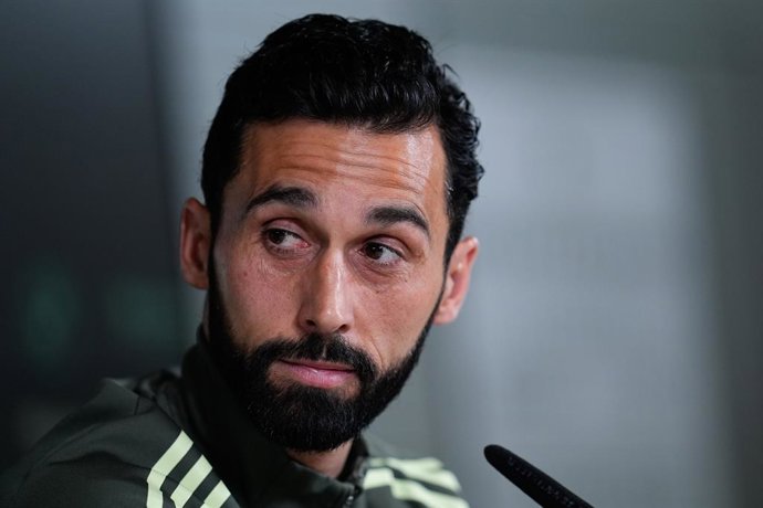 Alvaro Arbeloa, head coach of Real Madrid, attends his press conference during the training day of Real Madrid ahead the Spanish League, LaLiga EA Sports, football match against FC Barcelona at Ciudad Deportiva Real Madrid on may 09, 2026, in Madrid, Spai