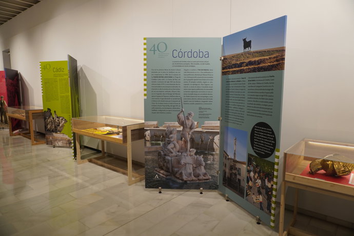 Algunos expositores y paneles de la muestra  '40 años de protección del Patrimonio Cultural de Andalucía', que acoge el Teatro Cómico Principal de Córdoba.