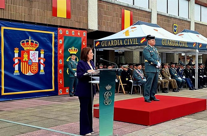 La delegada del Gobierno en Asturias, Adriana Lastra, interviene en los actos conmemorativos del 182 aniversario de la Fundación de la Guardia Civil. En el acuartelamiento del Rubín en Oviedo.