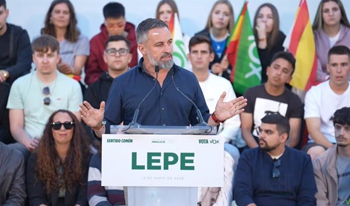 El presidente de Vox, Santiago Abascal, en Lepe, Huelva
