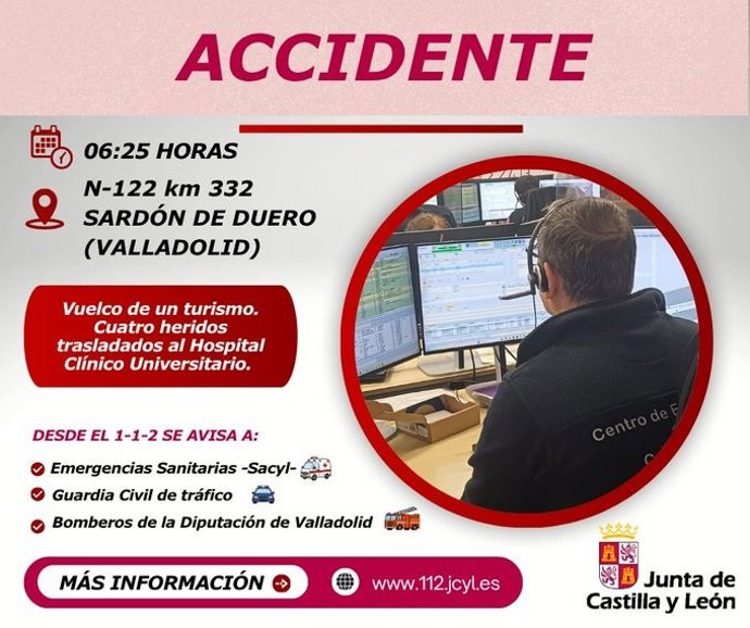 Gráfico difundido por el 112 con datos del accidente en la N-122 en Sardón de Duero