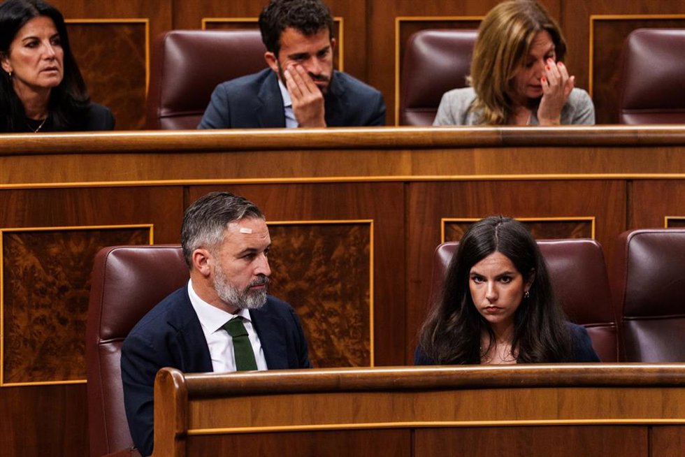 El presidente de Vox, Santiago Abascal, y la portavoz de Vox en el Congreso, Pepa Millán, durante una sesión plenaria en el Congreso