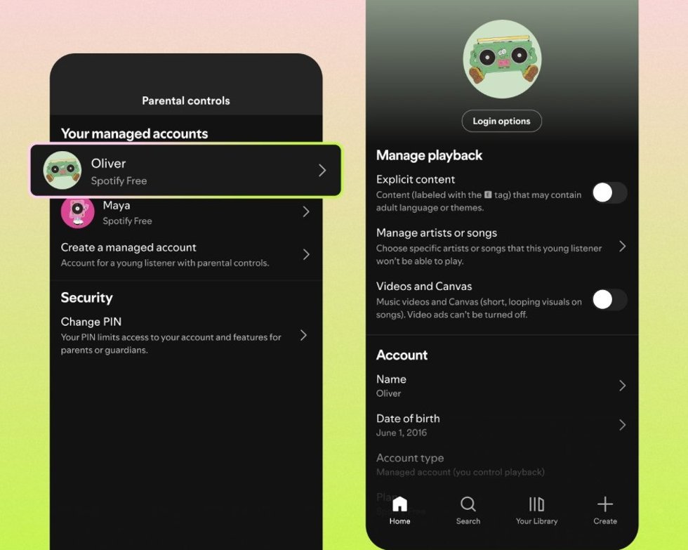 Cuentas administradas para menores en el plan gratuito de Spotify.