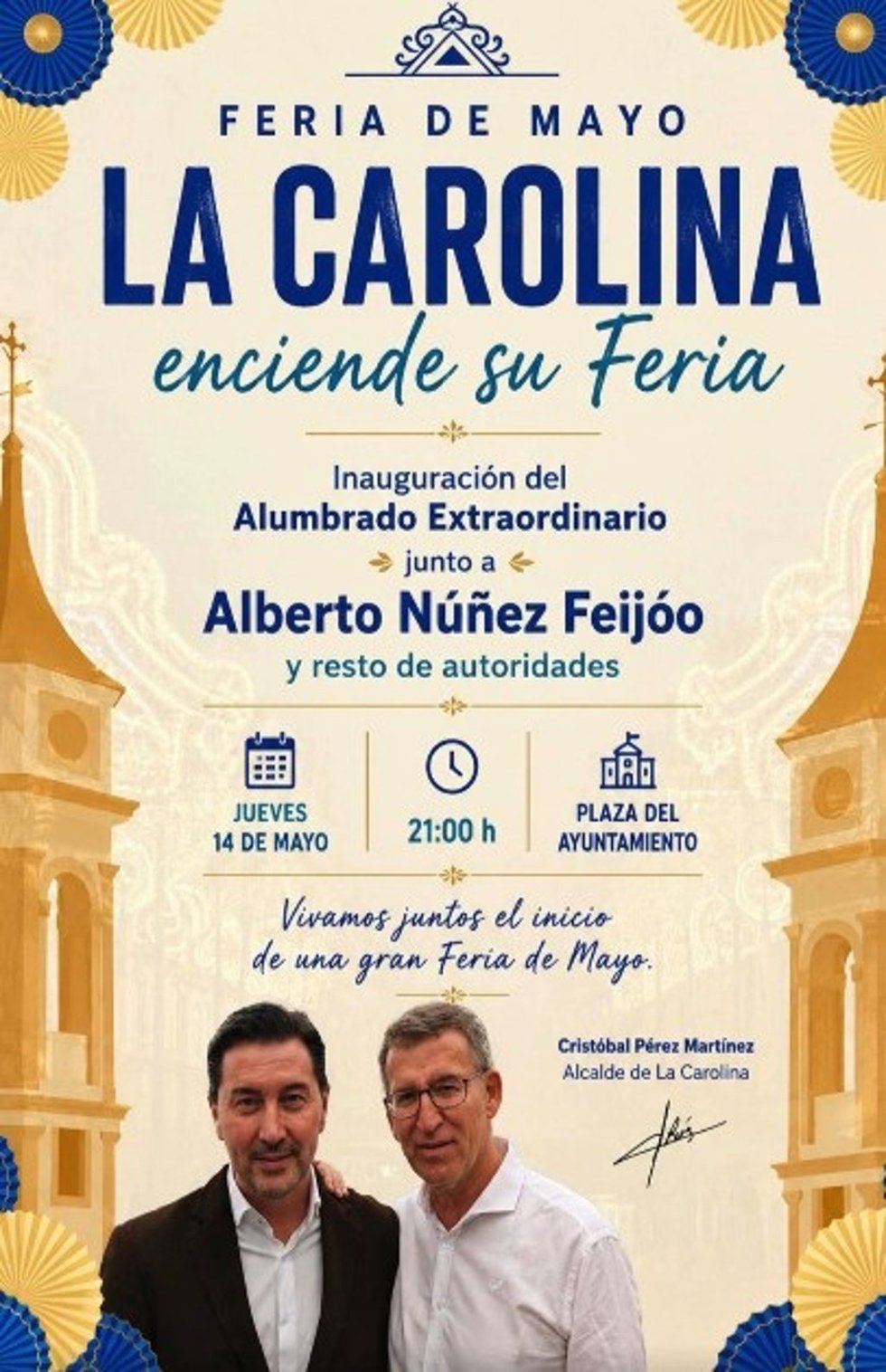 Cartel publicado en Facebook por el Ayuntamiento de La Carolina sobre el encendido del alumbrado de la Feria de Mayo.