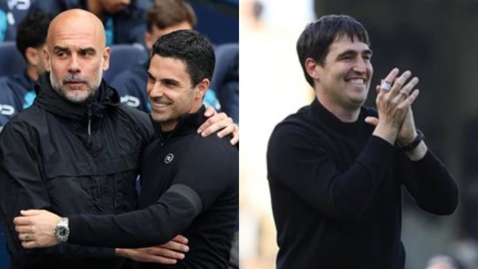 En lz izquierda, los entrenadores Pep Guardiola y Mikel Arteta, y en la derecha el técnico Andoni Iraola.