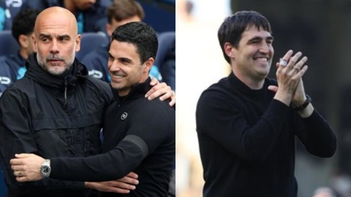 En lz izquierda, los entrenadores Pep Guardiola y Mikel Arteta, y en la derecha el técnico Andoni Iraola.