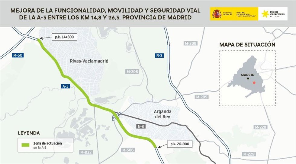 Obras de mejora de 11,5 kilómetros de la A-3 entre Rivas y Arganda del Rey