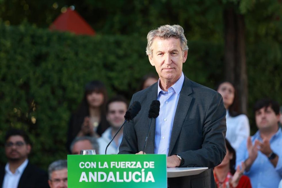 El presidente del PP, Alberto Núñez Feijóo, durante un mitin en la campaña de las elecciones al Parlamento de Andalucía.