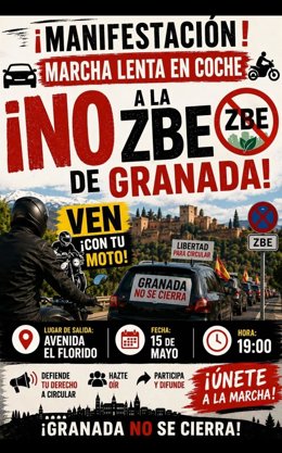 Cartel de la convocatoria de una marcha lenta de vehículos por el centro de Granada este viernes para protestar por la Zona de Bajas Emisiones en la capital.