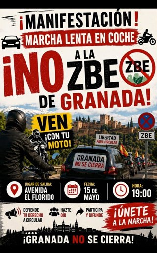 Cartel de la convocatoria de una marcha lenta de vehículos por el centro de Granada este viernes para protestar por la Zona de Bajas Emisiones en la capital.