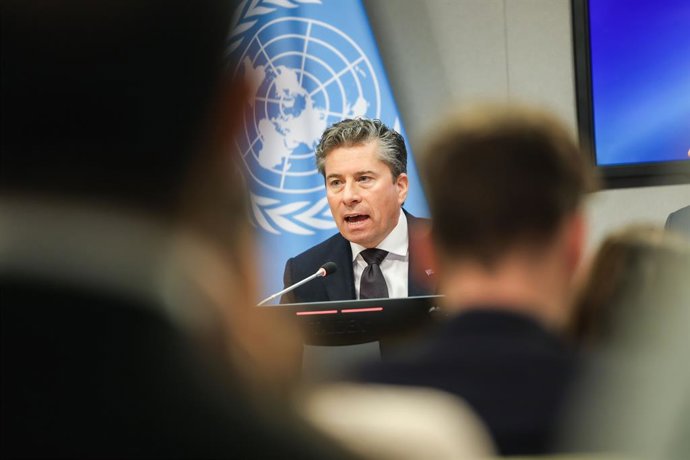May 14, 2026, New York, New York, USA: TOM FLETCHER, Under-Secretary-General for Humanitarian Affairs and Emergency Relief Coordinator  seen through a room of journalists as he briefs the press on U.S. humanitarian funding adjustments, aid efficiency, and