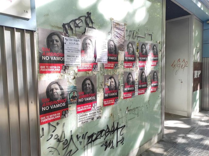 Carteles anónimos en los que aparece la cara de Isabel Ambrosio colocados en el marco de la campaña electoral del 17M.