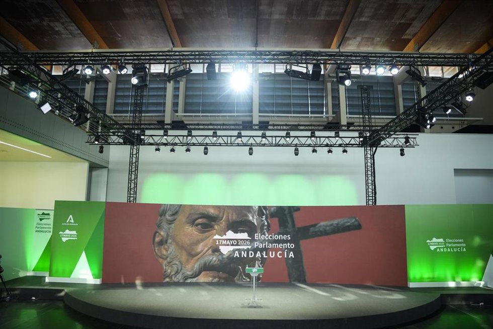 Imágenes del Centro de Difusión de Datos de las elecciones del 17M en el Pabellón de la Navegación. A 15 de mayo de 2026 en Sevilla (Andalucía, España)