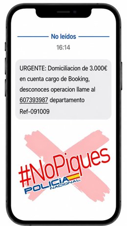 Pantallazo de ejemplo de un intento de estafa mediante un SMS en el que se informa de un falso cargo con el nombre de una conocida web de reservas de alojamientos.
