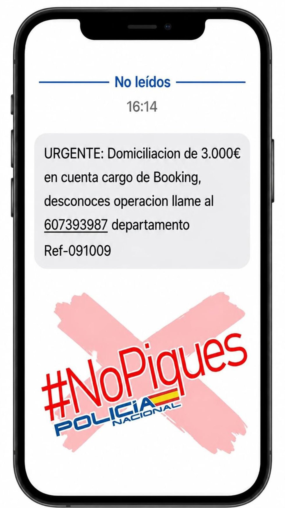 Pantallazo de ejemplo de un intento de estafa mediante un SMS en el que se informa de un falso cargo con el nombre de una conocida web de reservas de alojamientos.