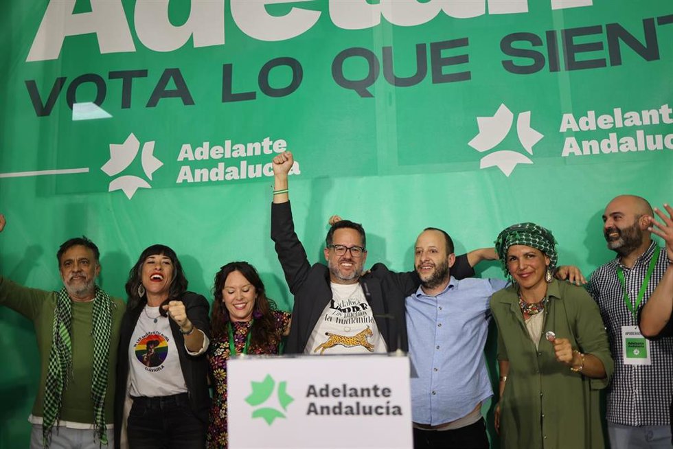 El candidato de Adelante Andalucía a la Presidencia de la Junta, José Ignacio García, celebra los resultados electorales. A 17 de mayo de 2026 en Jerez de la Frontera, Cádiz (Andalucía, España)