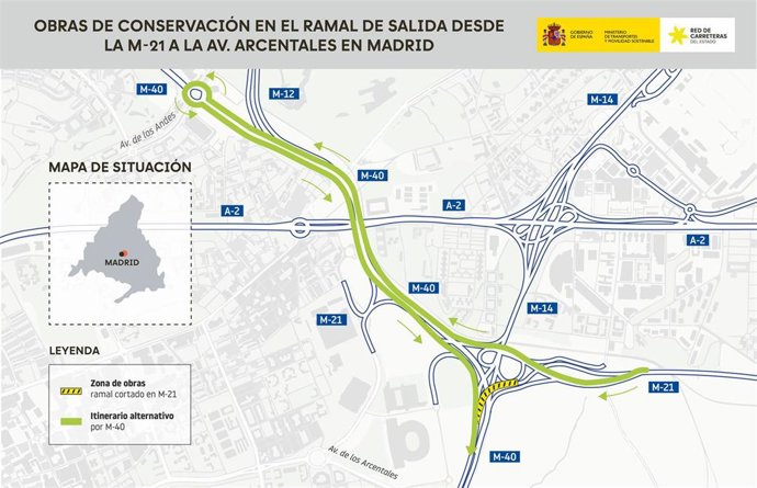 Trabajos de conservación en el ramal de salida desde la M-21 a la avenida Arcentales en Madrid