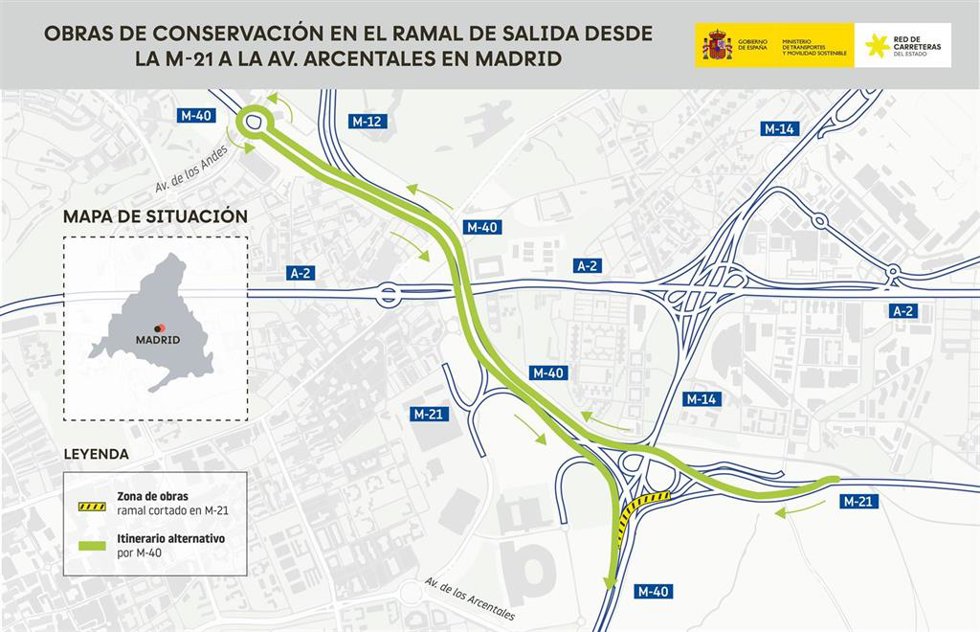 Trabajos de conservación en el ramal de salida desde la M-21 a la avenida Arcentales en Madrid