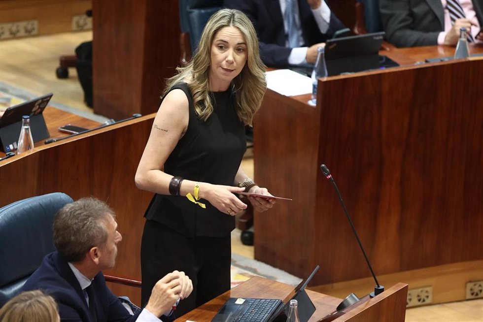 La portavoz del PSOE en la Asamblea, Mar Espinar, durante una sesión plenaria en la Asamblea de Madrid, a 7 de mayo de 2026, en Madrid (España).