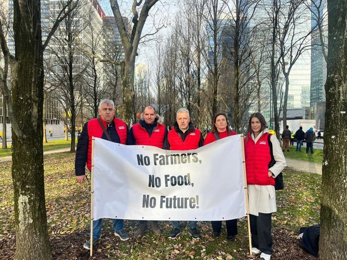 Archivo - El presidente de UAGN, Félix Bariáin, junto a una representación de la organización agraria en una pasada manifestación en Bruselas.