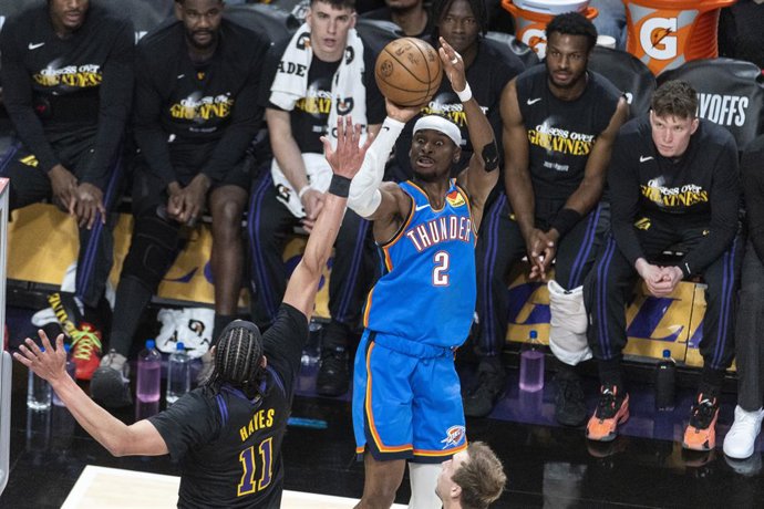 May 11, 2026, Los Angeles, California, USA: Oklahoma City Thunder's Shai Gilgeous-Alexander (2) shoots against Los Angeles Lakers' Jaxson Hayes (11) during Game 4 of a second-round NBA playoff series at Crypto.com Arena on Monday, May 11, 2026 in Los Ange