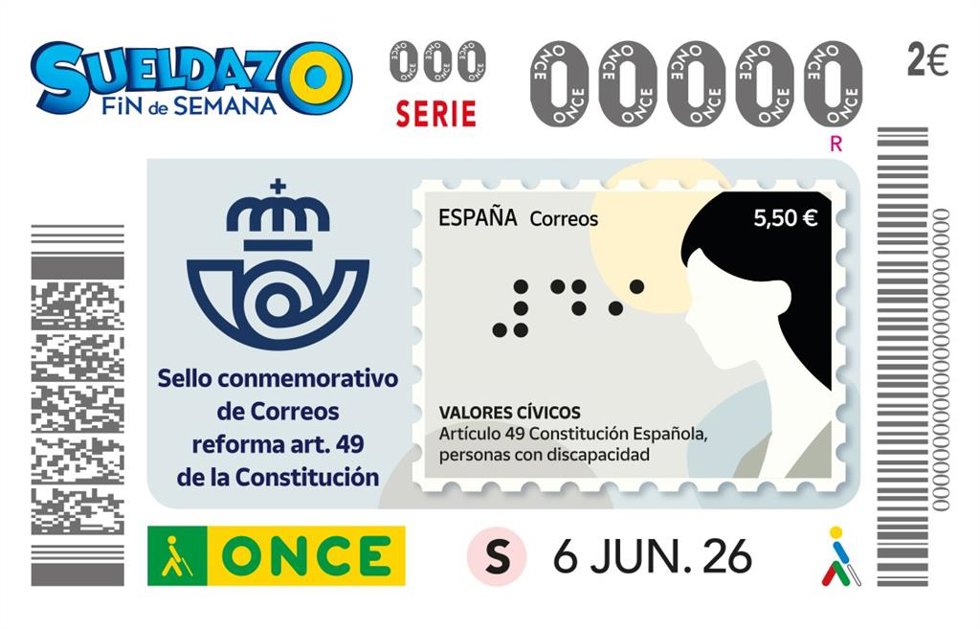 El cupón que la ONCE dedica al sello de Correos que conmemora la reforma del artículo 49 de la Constitución.